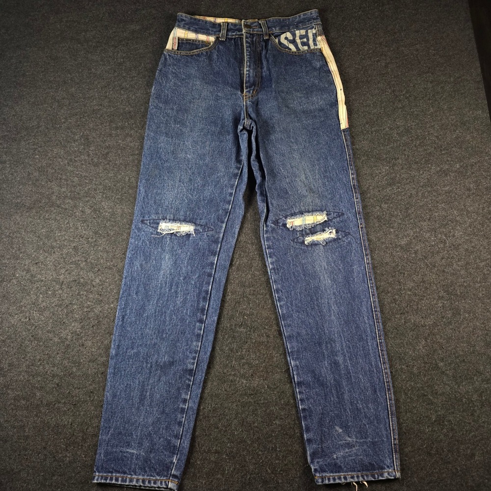 Vtg Get Used by Elie Jeans Blue Patchwork Striped 90s Y2K Womens 31 (Fits 28x32)